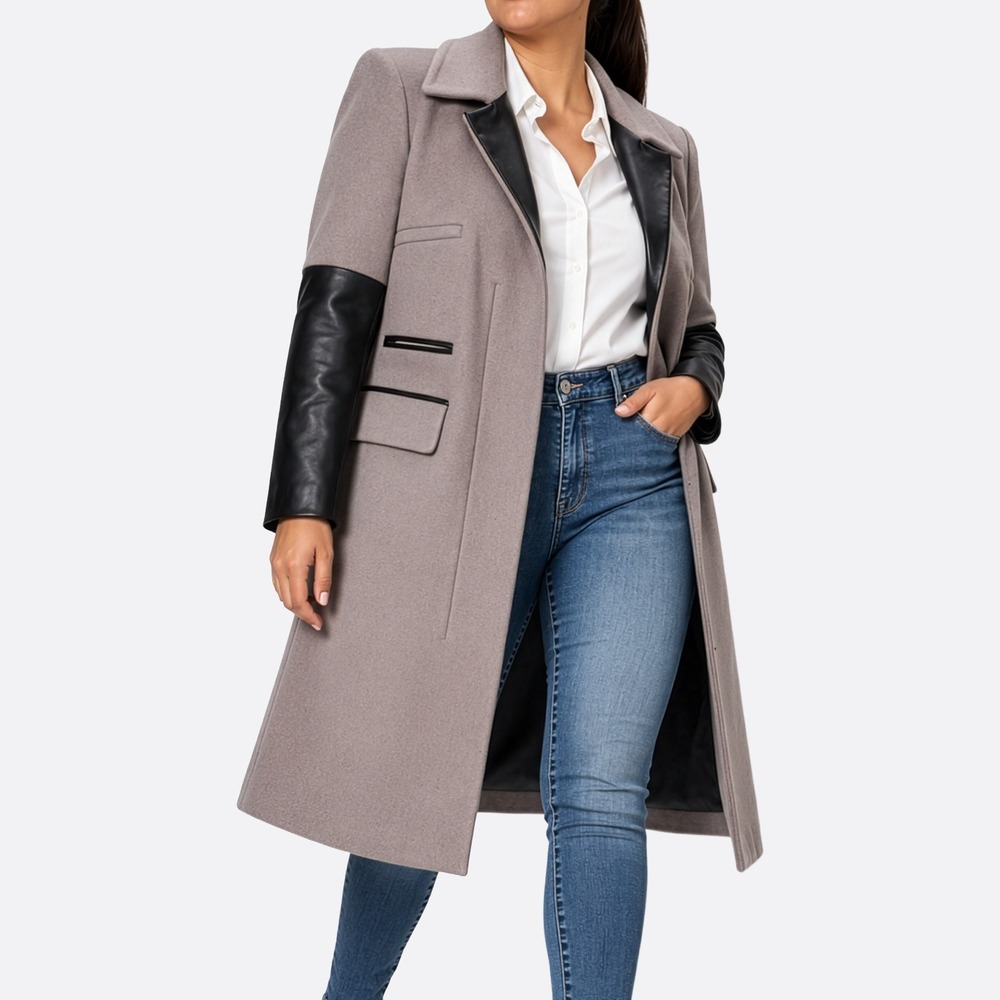 Diane von Furstenberg Wool Cashmere Leather Sleeve Coat 8 fits M/L Taupe Black